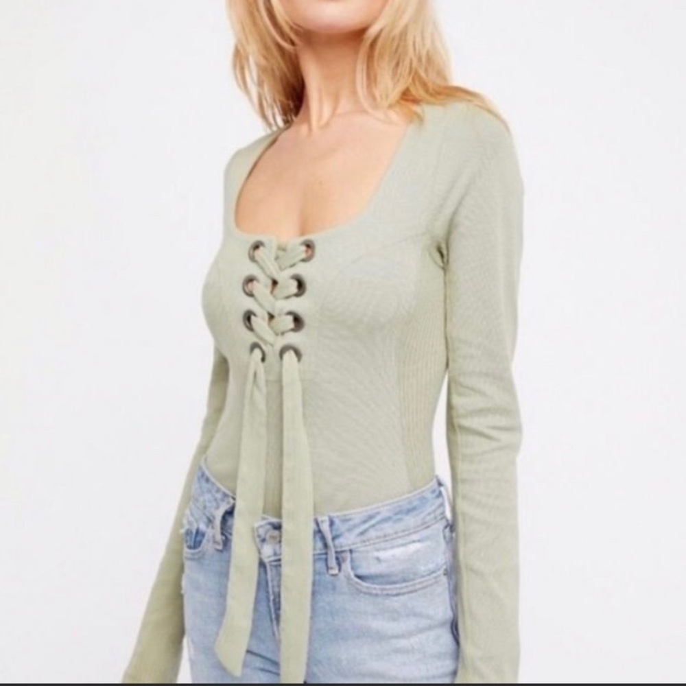 Free People sage green lace up top